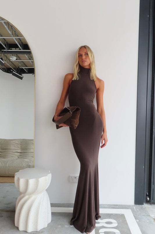 Norma Kamali Turtle Fishtail Gown Chocolate