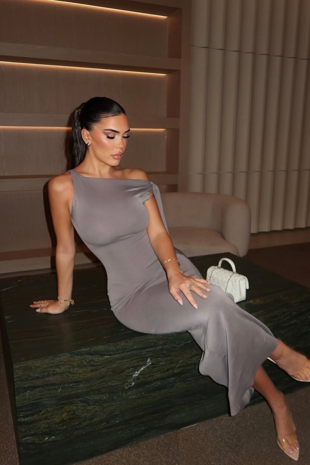 khy maxi dress KHY Sueded Stretch Knotted Maxi Steel Grey – Couture Hire By Mel
