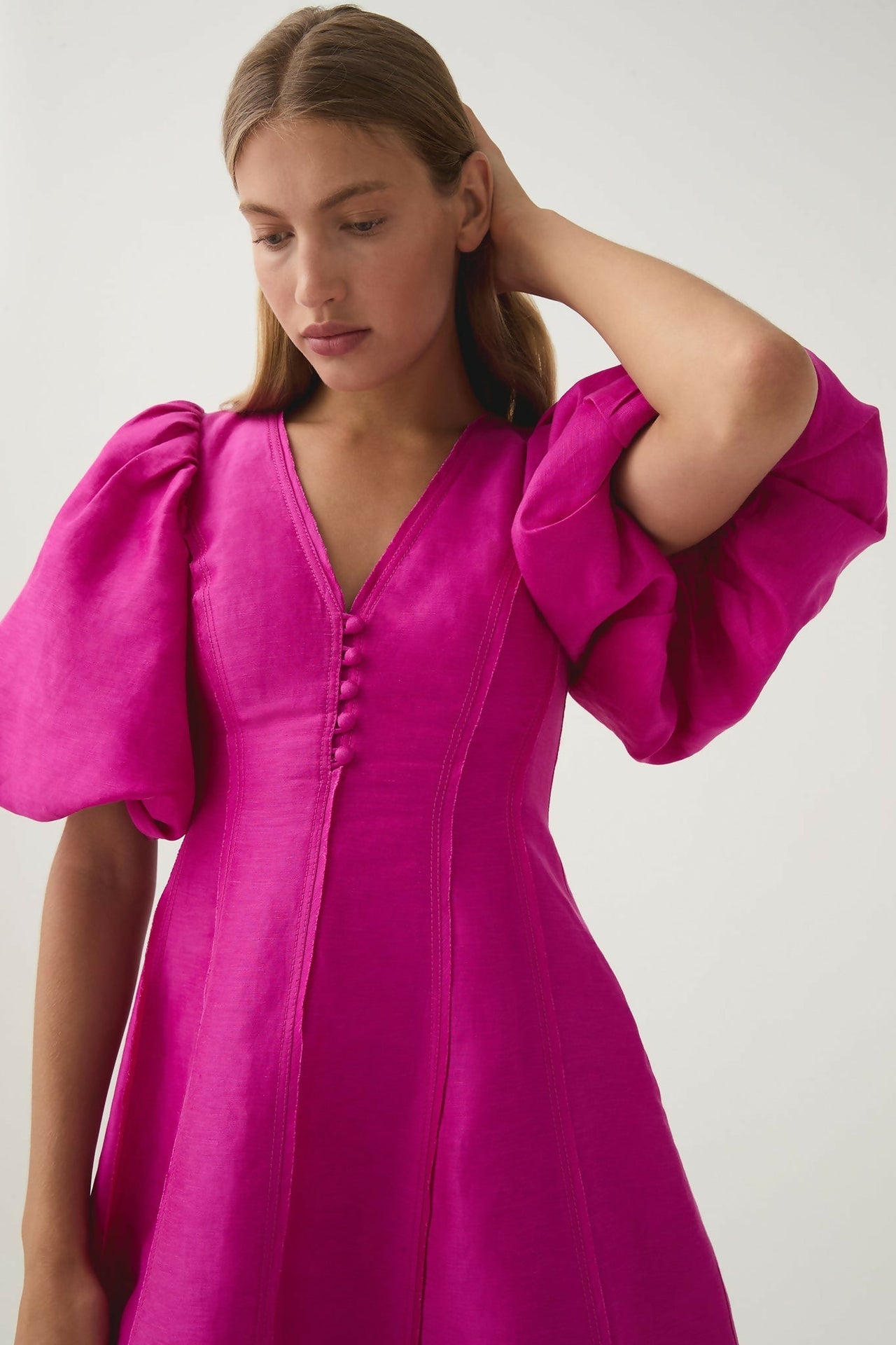 Aje Dusk Puff Sleeve Midi Dress - Deep Magenta